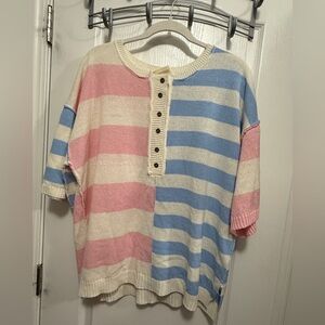 Fantastic Fawn Striped Henley Sweater Women’s M‎ Pastel White Pink Blue 80s EUC